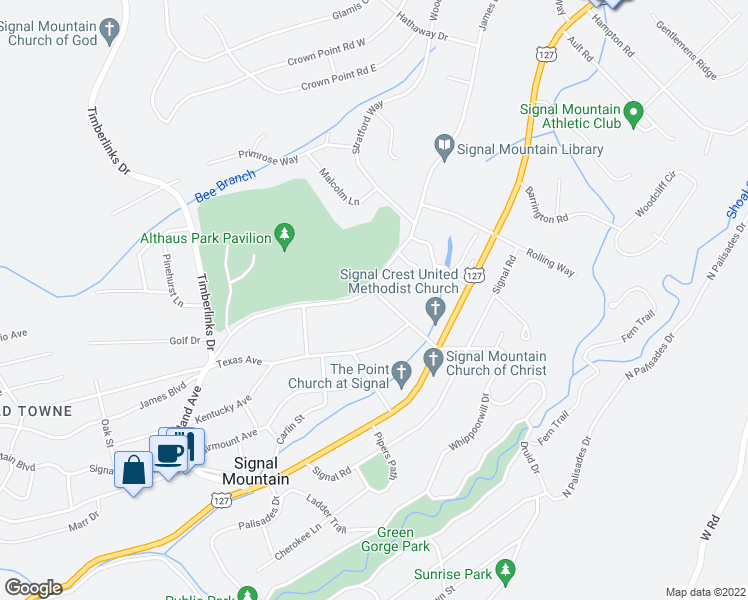 map of restaurants, bars, coffee shops, grocery stores, and more near 952 James Boulevard in Signal Mountain