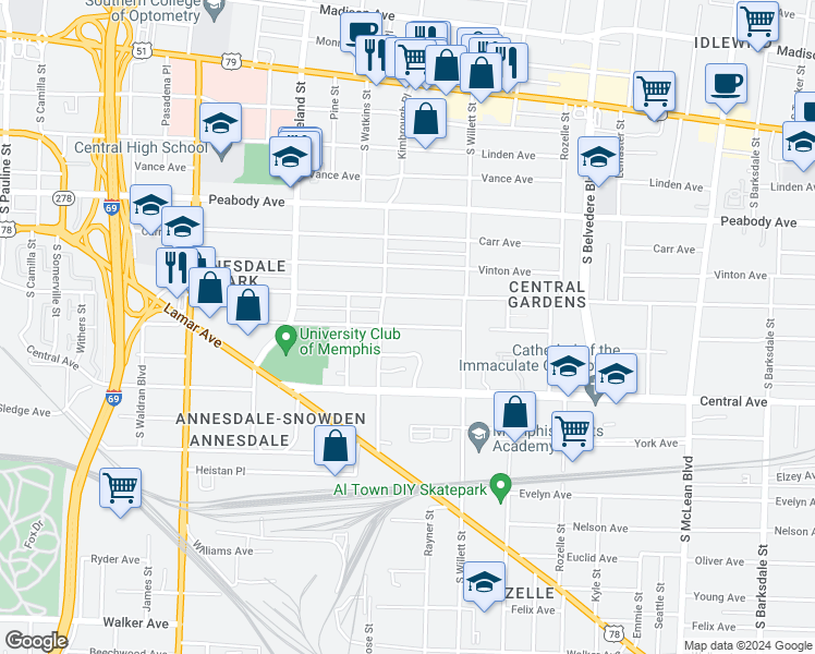 map of restaurants, bars, coffee shops, grocery stores, and more near Goodbar Avenue in Memphis