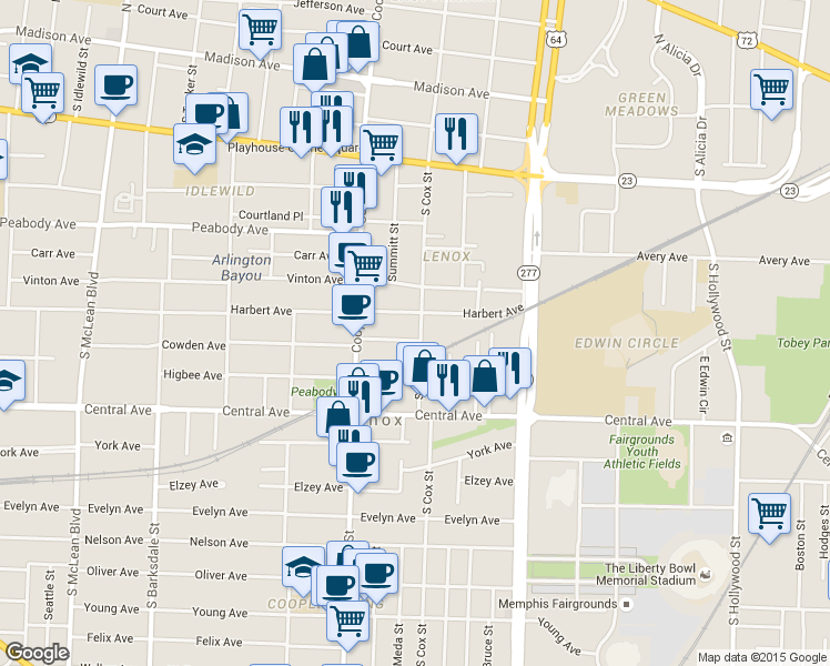 map of restaurants, bars, coffee shops, grocery stores, and more near 634 South Cox Street in Memphis