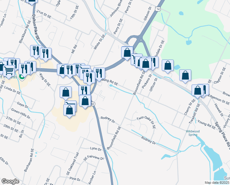map of restaurants, bars, coffee shops, grocery stores, and more near 1808 Young Road Southeast in Cleveland
