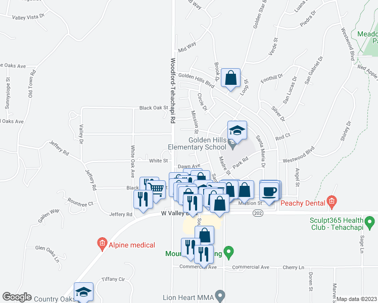 map of restaurants, bars, coffee shops, grocery stores, and more near 20411 Steeple Court in Tehachapi
