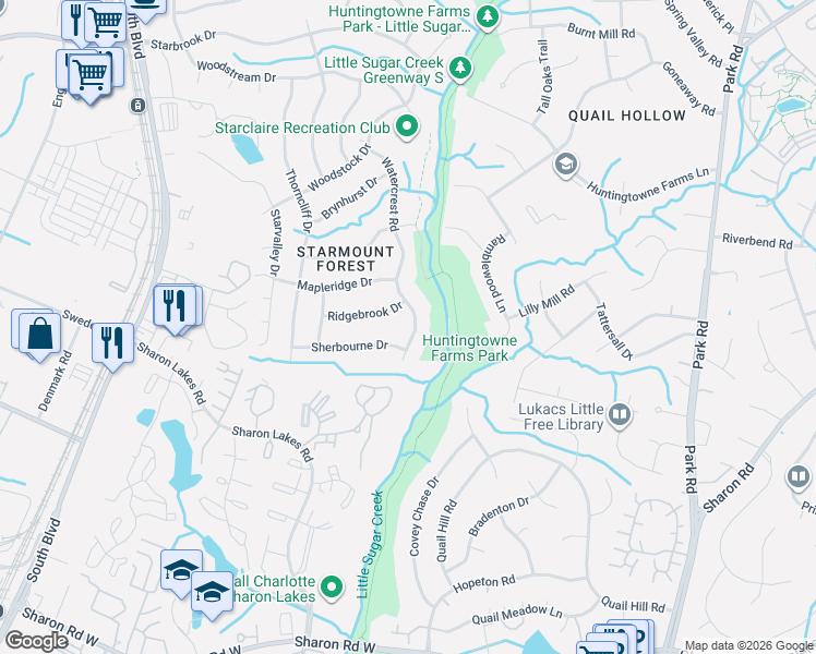 map of restaurants, bars, coffee shops, grocery stores, and more near 7016 Sherbourne Drive in Charlotte