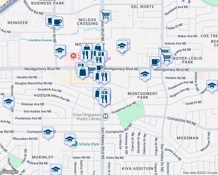 map of restaurants, bars, coffee shops, grocery stores, and more near 5212 Homestead Road Northeast in Albuquerque