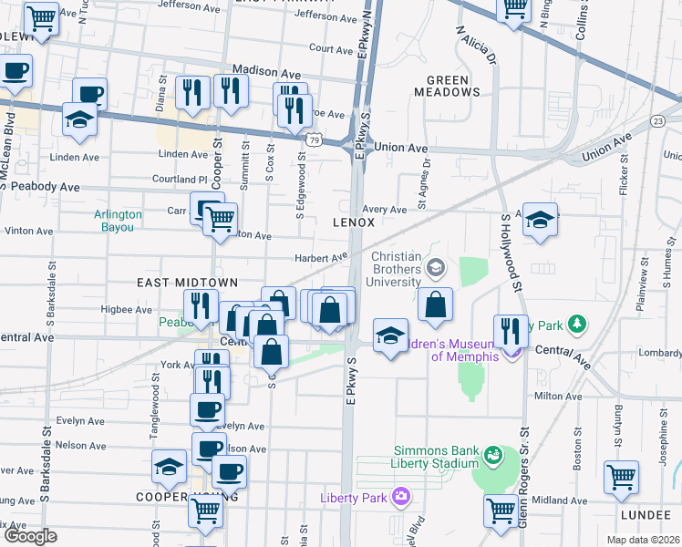 map of restaurants, bars, coffee shops, grocery stores, and more near 620 Landis Street in Memphis
