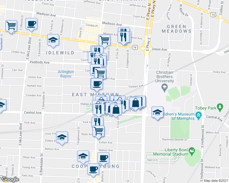 map of restaurants, bars, coffee shops, grocery stores, and more near 634 South Cox Street in Memphis