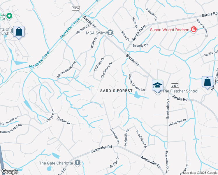 map of restaurants, bars, coffee shops, grocery stores, and more near 8110 Sidras Court in Charlotte