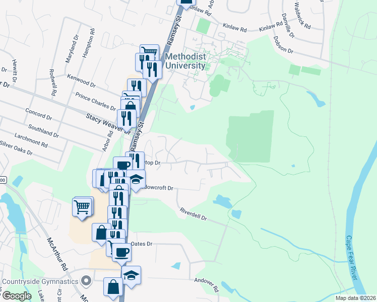 map of restaurants, bars, coffee shops, grocery stores, and more near 157 Treetop Drive in Fayetteville