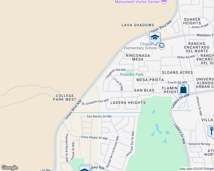 map of restaurants, bars, coffee shops, grocery stores, and more near 7408 Cleghorn Road Northwest in Albuquerque