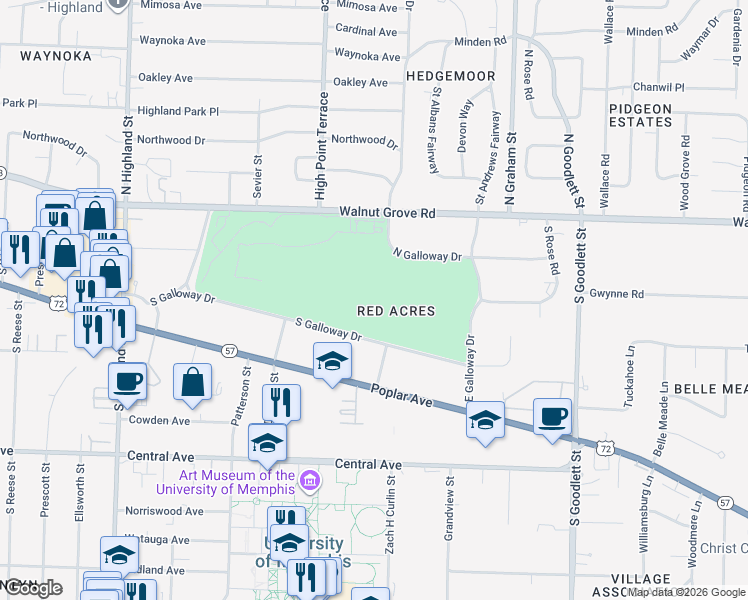 map of restaurants, bars, coffee shops, grocery stores, and more near 3821 South Galloway Drive in Memphis
