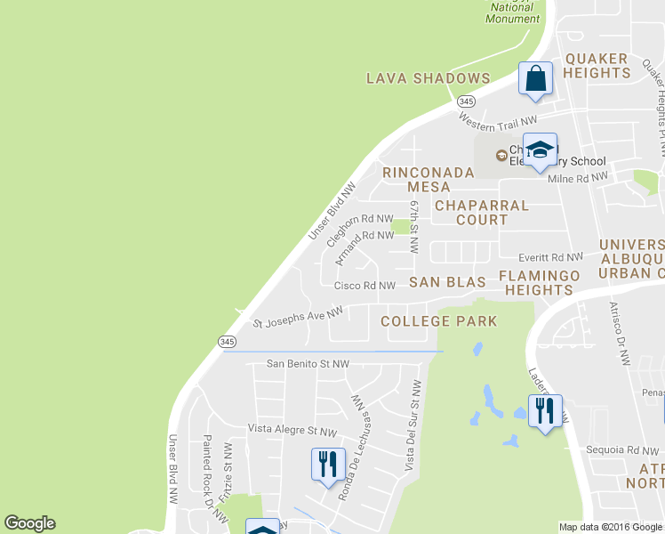 map of restaurants, bars, coffee shops, grocery stores, and more near 7313 Armand Road Northwest in Albuquerque