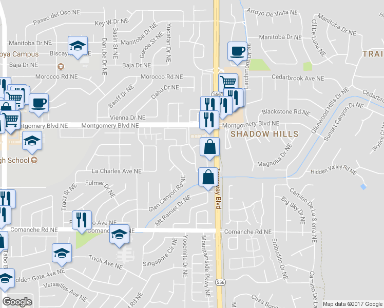 map of restaurants, bars, coffee shops, grocery stores, and more near 4109 Cibola Village Drive Northeast in Albuquerque