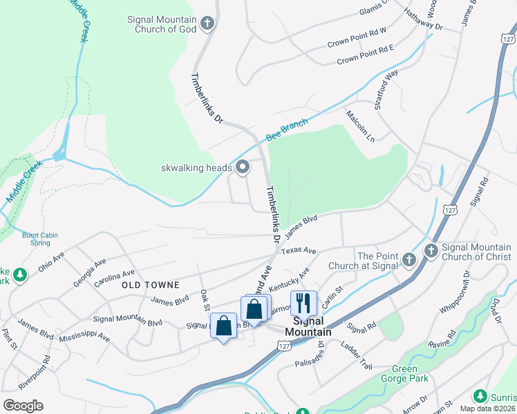 map of restaurants, bars, coffee shops, grocery stores, and more near 104 Pinehurst Lane in Signal Mountain