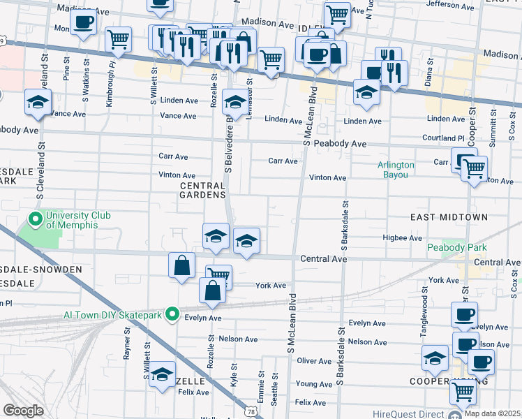 map of restaurants, bars, coffee shops, grocery stores, and more near 643 Anderson Street in Memphis