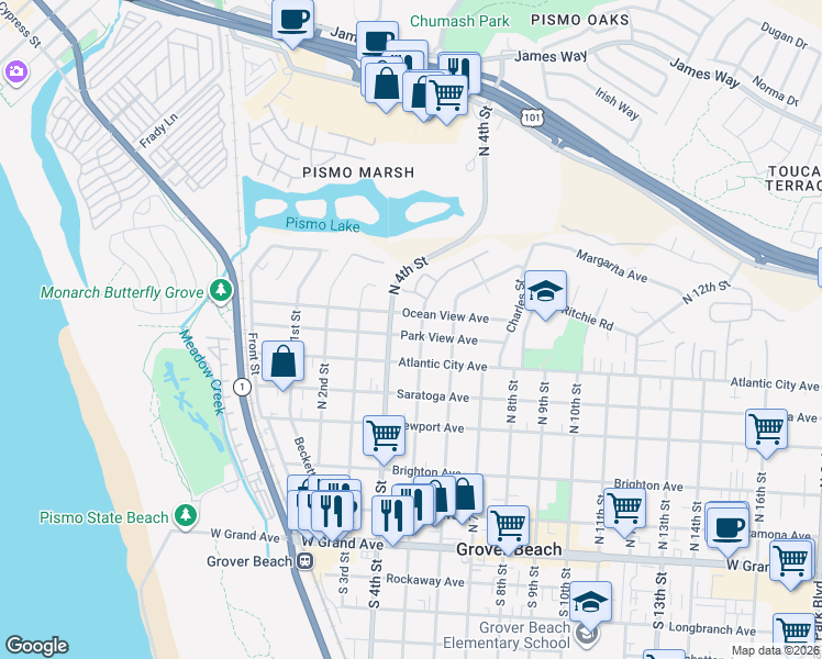 map of restaurants, bars, coffee shops, grocery stores, and more near 465 Park View Avenue in Grover Beach