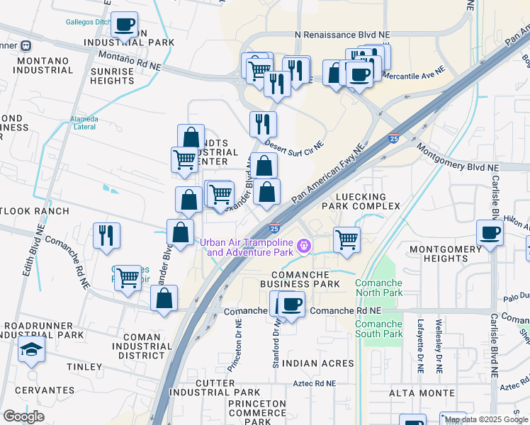 map of restaurants, bars, coffee shops, grocery stores, and more near 4343 Pan American Freeway Northeast in Albuquerque
