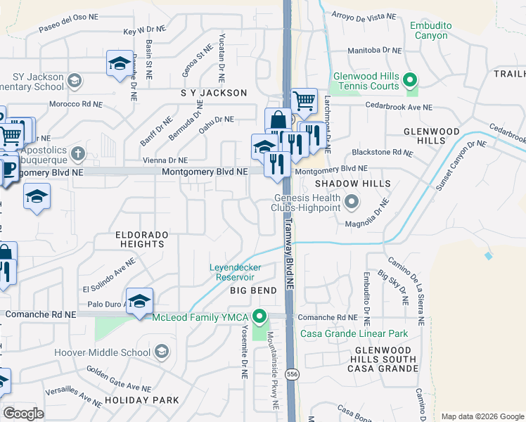map of restaurants, bars, coffee shops, grocery stores, and more near 4109 Cibola Village Drive Northeast in Albuquerque