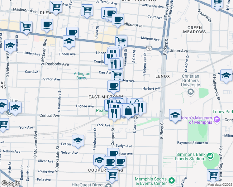 map of restaurants, bars, coffee shops, grocery stores, and more near 639 Cooper Street in Memphis