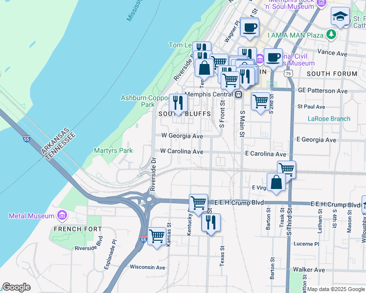 map of restaurants, bars, coffee shops, grocery stores, and more near 78 West Carolina Avenue in Memphis