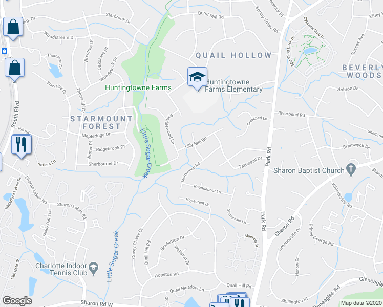 map of restaurants, bars, coffee shops, grocery stores, and more near 2621 Whiffletree Road in Charlotte