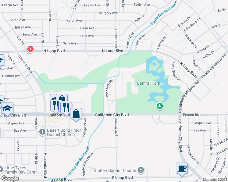 map of restaurants, bars, coffee shops, grocery stores, and more near 21149 Bancroft Court in California City