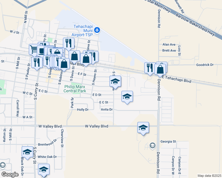 map of restaurants, bars, coffee shops, grocery stores, and more near 309 South Snyder Avenue in Tehachapi