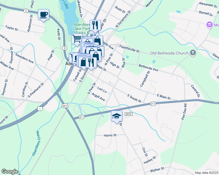 map of restaurants, bars, coffee shops, grocery stores, and more near 416E East South Street in Aberdeen