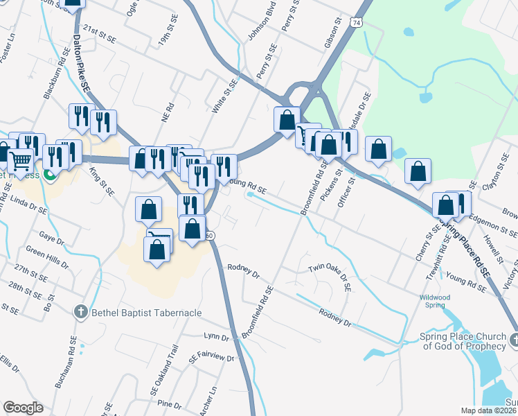 map of restaurants, bars, coffee shops, grocery stores, and more near 1808 Young Road Southeast in Cleveland