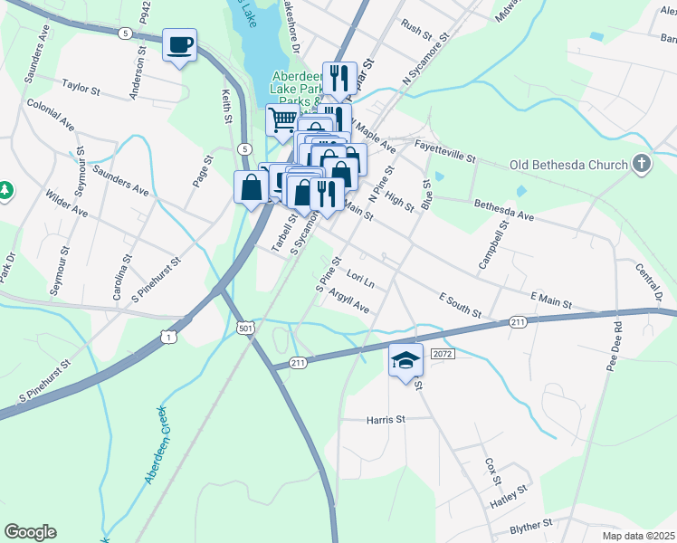 map of restaurants, bars, coffee shops, grocery stores, and more near 185 South Pine Street in Aberdeen