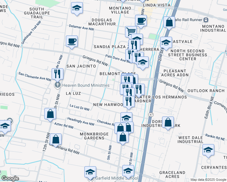 map of restaurants, bars, coffee shops, grocery stores, and more near 4418 6th Street Northwest in Albuquerque
