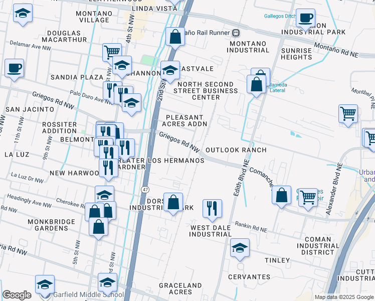 map of restaurants, bars, coffee shops, grocery stores, and more near 4611 Carlton Street Northwest in Albuquerque