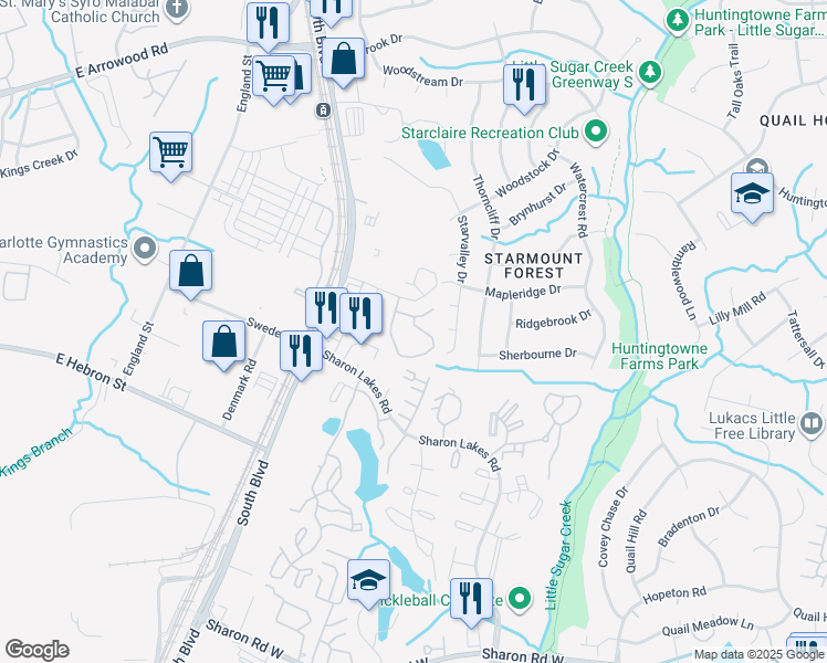 map of restaurants, bars, coffee shops, grocery stores, and more near 7901 Antlers Lane in Charlotte