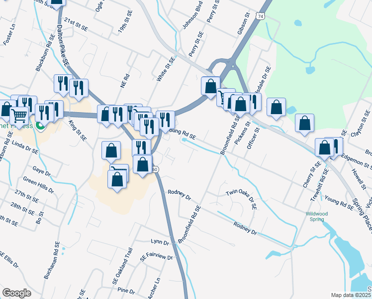 map of restaurants, bars, coffee shops, grocery stores, and more near 1808 Young Road Southeast in Cleveland