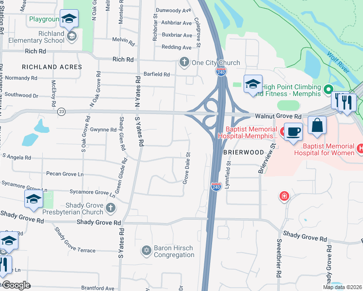 map of restaurants, bars, coffee shops, grocery stores, and more near 101 Grove Dale Street in Memphis