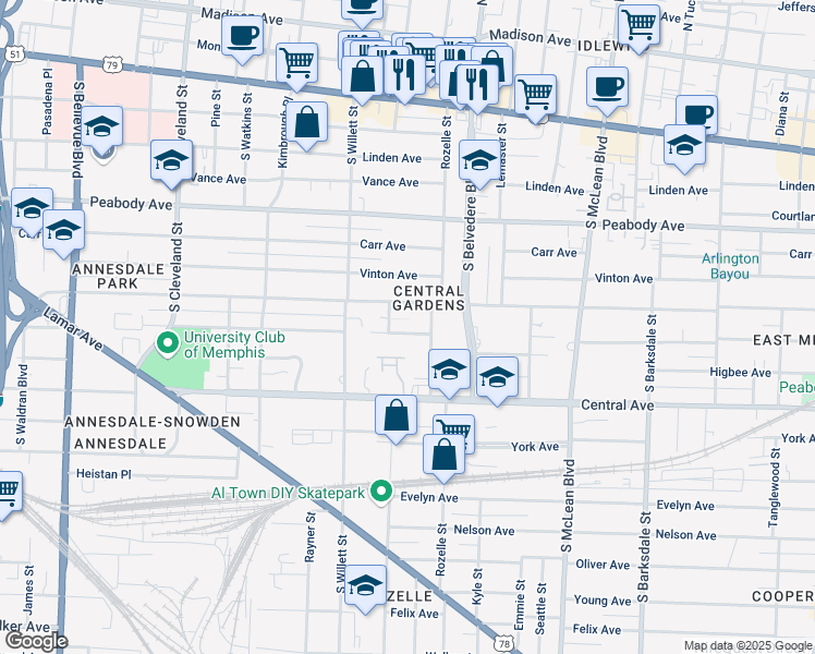 map of restaurants, bars, coffee shops, grocery stores, and more near 1628 Goodbar Avenue in Memphis