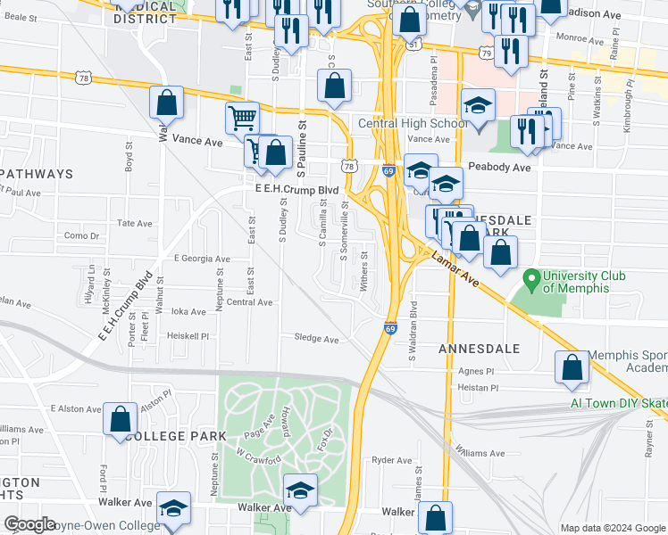 map of restaurants, bars, coffee shops, grocery stores, and more near 694 South Camilla Street in Memphis