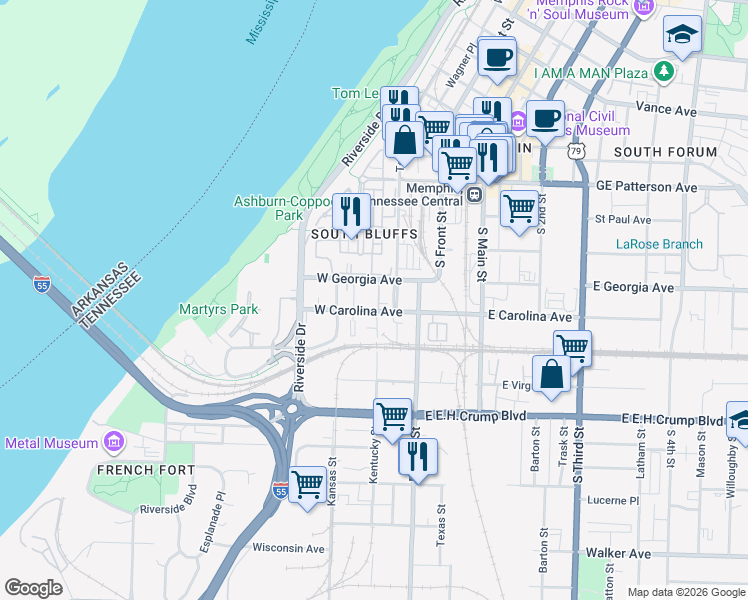 map of restaurants, bars, coffee shops, grocery stores, and more near 665 Tennessee Street in Memphis