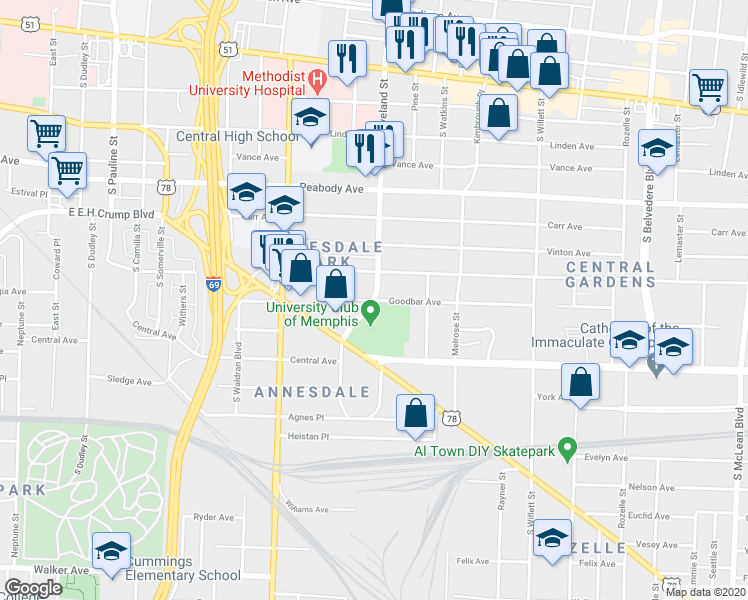 map of restaurants, bars, coffee shops, grocery stores, and more near S Cleveland St & Goodbar Ave in Memphis