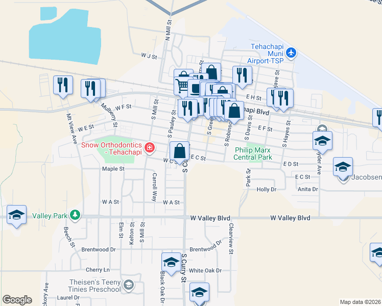 map of restaurants, bars, coffee shops, grocery stores, and more near 413 North Green Street in Tehachapi