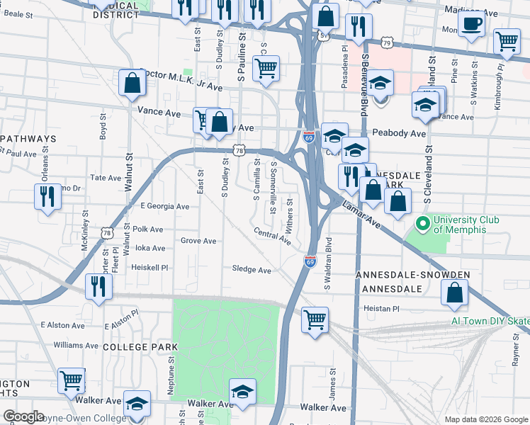 map of restaurants, bars, coffee shops, grocery stores, and more near 694 South Camilla Street in Memphis