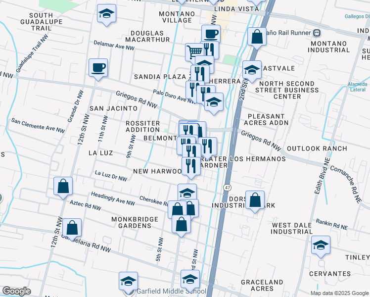 map of restaurants, bars, coffee shops, grocery stores, and more near 409 Freeman Avenue Northwest in Albuquerque