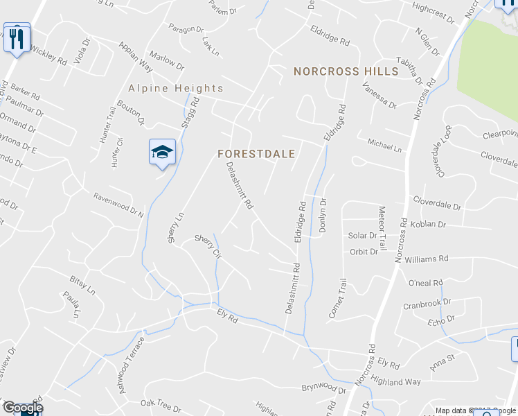 map of restaurants, bars, coffee shops, grocery stores, and more near 4600 Delashmitt Road in Chattanooga
