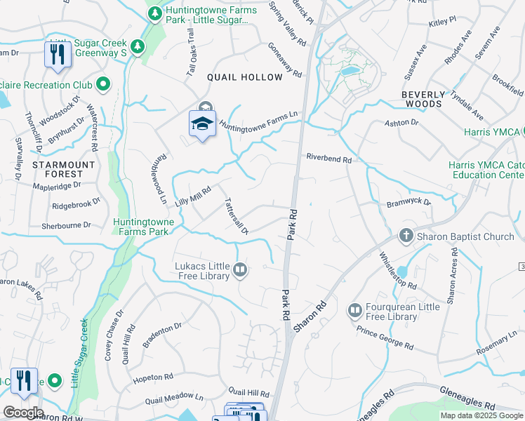 map of restaurants, bars, coffee shops, grocery stores, and more near 2400 Seth Thomas Road in Charlotte