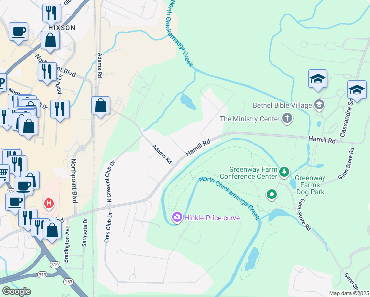 map of restaurants, bars, coffee shops, grocery stores, and more near 2605 Hamill Road in Chattanooga