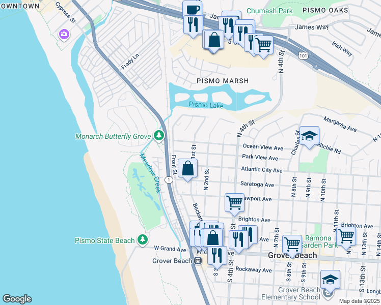 map of restaurants, bars, coffee shops, grocery stores, and more near 82 Park View Avenue in Grover Beach