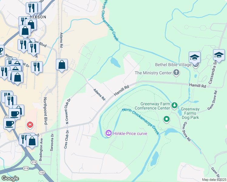 map of restaurants, bars, coffee shops, grocery stores, and more near 2605 Hamill Road in Chattanooga