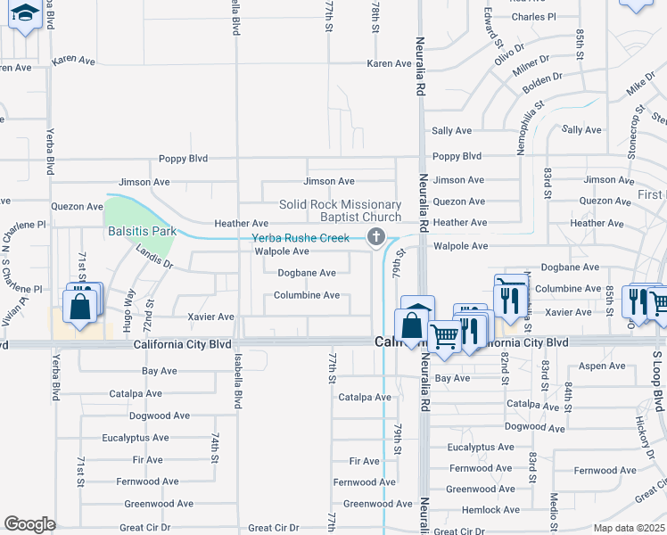 map of restaurants, bars, coffee shops, grocery stores, and more near 7761 Dogbane Avenue in California City