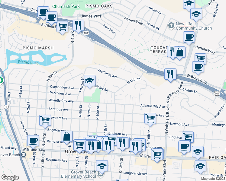 map of restaurants, bars, coffee shops, grocery stores, and more near 1153 Ritchie Road in Grover Beach