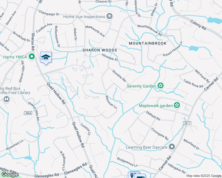 map of restaurants, bars, coffee shops, grocery stores, and more near 7008 Riesman Lane in Charlotte