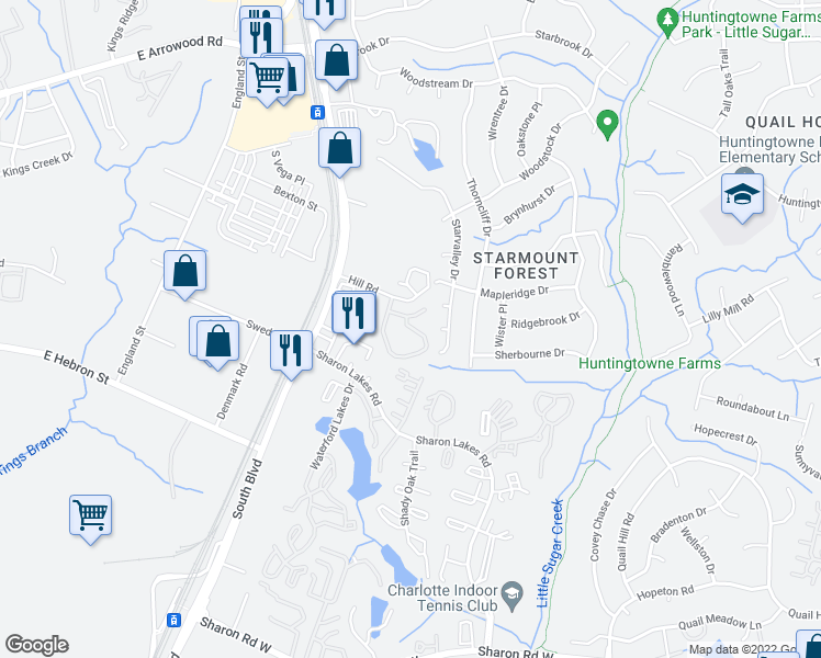 map of restaurants, bars, coffee shops, grocery stores, and more near 7600 Antlers Lane in Charlotte