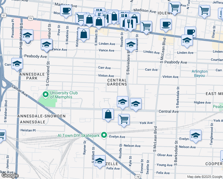 map of restaurants, bars, coffee shops, grocery stores, and more near 1628 Goodbar Avenue in Memphis